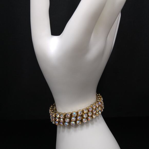 Aurora Borealis Rhinestone Expansion Bracelet, Gold Tone, 1960s Vintage Jewelry - Picture 3 of 10